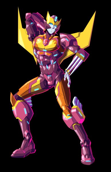A redesign of a Transformer named Rodimus Prime (Also known as Hot Rod) doing a sexy pose.

He has one hand on his hip, and another hand placed behind his head.

He's doing that weird hot pouty face or whatever it's supposed to be.
