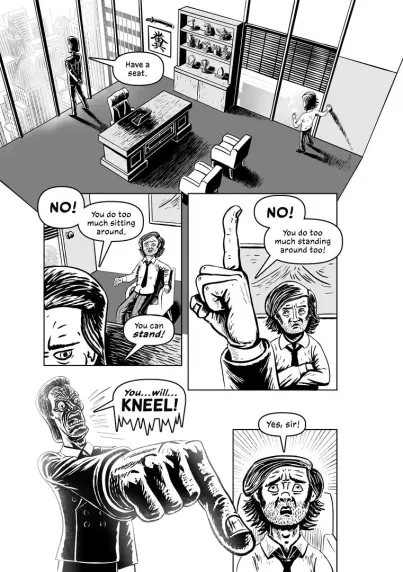 A five panel humourous comic where an employee is bullied by his horrible boss.