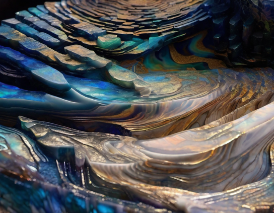 Underground geological formations with textured striations and iridescent layers, revealing mineral cleavage and cross-sections.