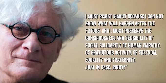 Second half of quote from Franco "Bifo" Berardi. Quote continues:

"I must resist simply because I can not know what will happen after the future. And I preserve the consciousness and sensibility of social solidarity, of human empathy, of gratuitous activity, of freedom, equality and fraternity, just in case, right?"

(First half of quote in previous image)