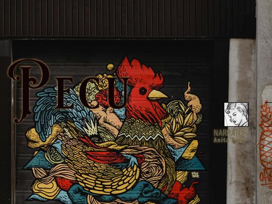 Graffiti on a storefront roll-up door, depicting a rooster