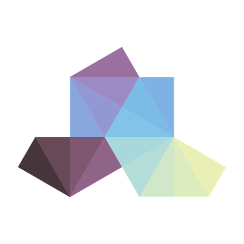 Aperiodic monotile shaped like a hat, and composed of 16 triangles with iridescent gradient colors.