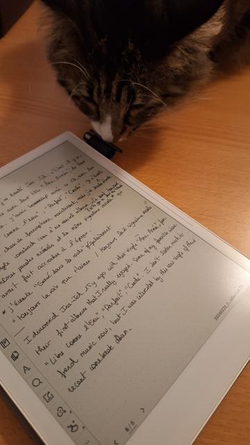 My e-ink tablet where I wrote by hand my notes of my musical discoveries in both french and english. m
My cat was curious so her head is visible on the top of the picture.

Ma tablette e-ink sur laquelle j'ai rédigé à la main mes notes pour les prochaines trouvailles musicales. Symphonie mon chat était curieuse alors on voit un bout de sa tête en haut de l'image