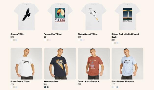 Various t-shirts with a variety of birds for sale