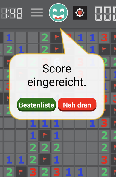 Ein Screenshot des Spiels Minesweeper mit einer Sprechblase, in der steht: "Score eingereicht." Und zwei Schaltflächen mit den Beschriftungen "Bestenliste" und "Nah dran".