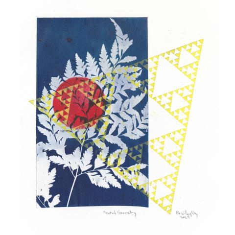 In this print is I have combined a cyanotype of a fern leaf on a vertical rectangle of Japanese paper on the left side, with a red gel print on top of the fern and yellow lino block print of a fractal Sierpiński triangle set at an angle overlapping the cyanotype, red dot and the white sheet on the right of the print.