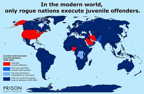Map showing which countries had juvenile executions (as of 2004), in red. Caption reads, “In the modern world, only rogue nations execute juvenile offenders.”