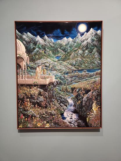 A painting of Xanadu with flowery hills, snowcapped mountains, a bright moon rising, and a balcony from which a man, the artist, is  holding a golden cage and releasing green parrots.