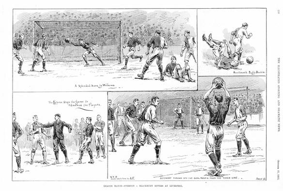 Vier Spielszenen aus dem Fußballspiel zwischen Everton und den Blackburn Rovers, 1893. Nach Laws of the Game des IFAB. Es wird eine Torhüterparade, ein Foulspiel, ein Einwurf und der Schiedsrichter im Einsatz gezeigt. Credit: IMAGO / Gemini Collection