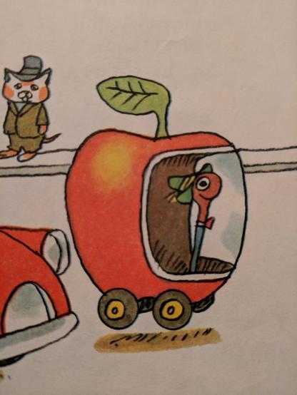 A worm-person driving a car made out of an apple. It's a drawing (OBVIOUSLY). The worm looks very happy and is wearing a hat. In the background a sad cat person looks on. They are also wearing a hat and for some reason.... a smart suit. I wanted to think of a cat-based business pun but the best I could come up with was 'miaowvers and shakers'. Sorry.