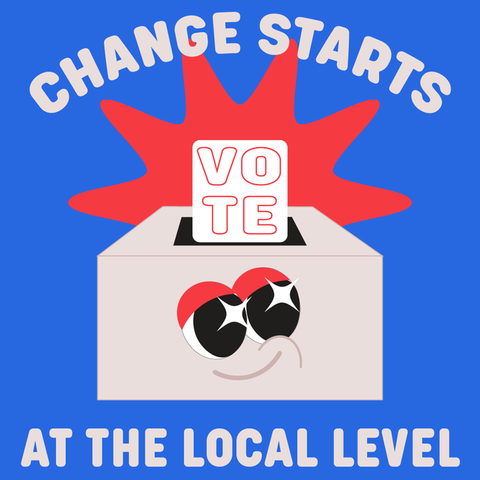 A smiling ballot box.  A ballot reads “vote”.