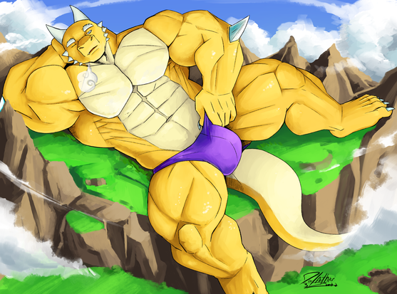 A massive Draganta lazing around atop a plateau exhausted from all the size-shenanigans he's been getting into.