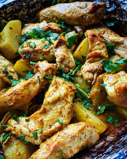 Gorgeously oven brown chicken bosoms cut into tenders and Yukon gold potatoes cut into quarters, seasoned with herbs and spices and dijon mustard and pomegranate molasses and garlic and onions, in a foil lined 8x8 baking dish lined with foil, sprinkled with chopped flat leaf parsley