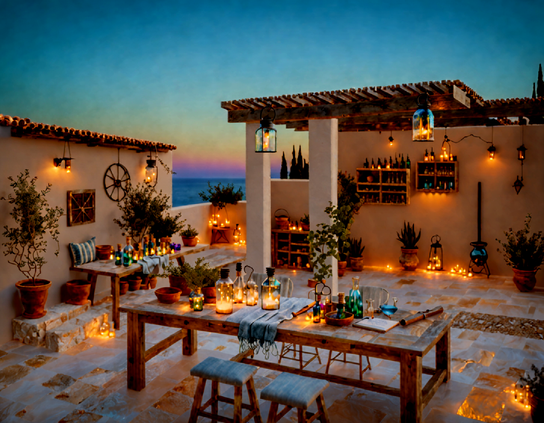 A Mediterranean style terrace at twilight, set for a gathering of alchemists, with rustic tables illuminated by candlelight and bottles of glowing potions.