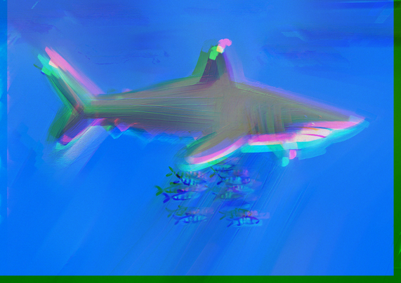 A blurry off color white tip reef shark with pilot fish friends.