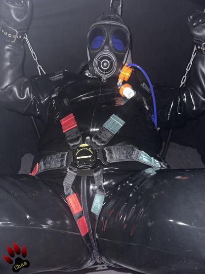 person in heavy rubber suit, covered head to toe with boots, gloves and S10 mask with attached aroma pump, lying down in a sling, hands bound