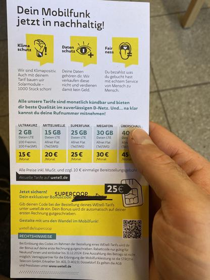 Flyer von Wetell mit einer Übersicht der verschiedenen Tarife und dem Wechselcode.
