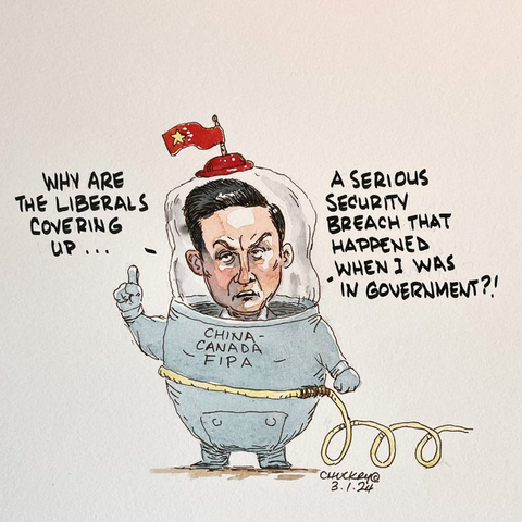 "Why are the Liberals covering up...a serious security breach that happened when I was in government?"

Poilievre wearing a space suit flying a Chinese flag.

Comments & illustration CREDIT: Chris Chuckry