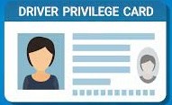 Cartoon graphic of an ID card showing a person's photo on the left side with text at the top that reads "DRIVER PRIVILEGE CARD".