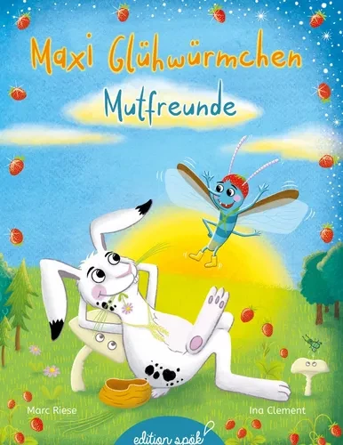 Cover des Kinderbuchs "Maxi Glühwürmchens - Mutfreunde"

Man sieht den schwarzweiß gefleckten Hasen Hannes, wie er sich an einem Pilz anlehnt und dabei Gras kaut. Er schaut das Glühwürmchen Maxi an, das vor ihm fliegt und ihm zuwinkt.
Im Hintergrund sieht man den Sonnenaufgang, grüne Wiesen und Bäume am Rand.
Der Rand des Covers ist garniert mit kleinen Erdbeeren. Was es damit auf sich hat, erfährt man im Buch. ;-)