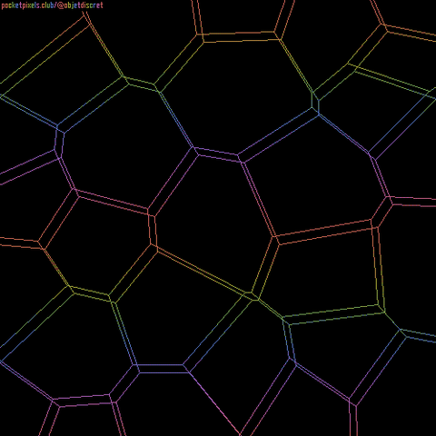 a pixel art Voronoi diagram (which looks like adjacent soap bubbles pressed against each other) in gradated rainbow colors against a black background