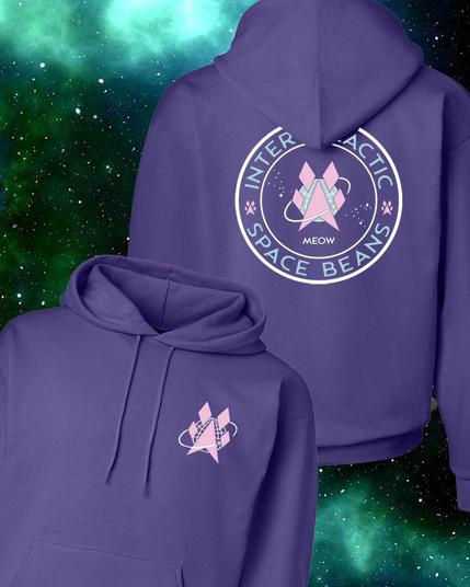 The front and back of a purple hoodie, Other colors are available.

Front: the pink paw print encircled with shooting star from the central design as a smaller print on the wearer's left chest. 

Back: The Intergalactic Space Beans insignia - a circular logo with the words Intergalactic (top) Space Beans (bottom). A pink angular paw print in the middle against a field of white stars., encircled by a shooting star. The word MEOW where the date would be the silly human Space Force logo.