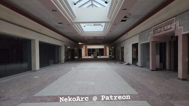 An abandoned mall walkway during the daytime. Text at the bottom mentions Erika's Patreon