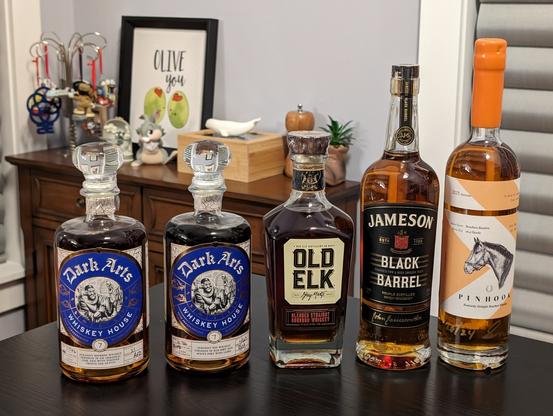 Five bottles of whiskey, as described in the post.