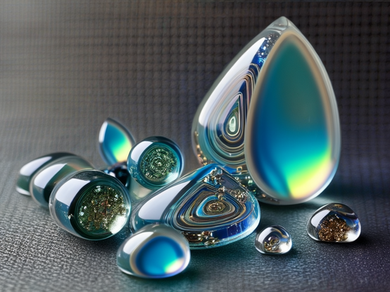 Reflective glass objects with circuit-like patterns and iridescent colors on a textured surface.