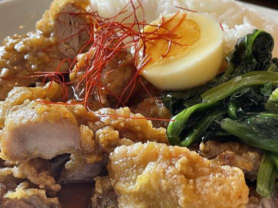 A close-up image of a Taiwanese pork katsu dish with rice, a boiled egg, and garnished with red strands (likely chili threads) and green vegetables.