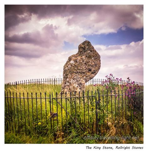 A single rough stone in long grass, surrounded by metal railings.