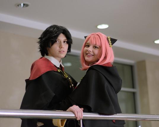 Two persons stay near the metallic rail wearing some kind of black cloaks with red underside. The person on the left has short black hair, the person on the right has pink shoulder-length hair with something similar to black cat ears, but this is just an ornament. They both look to the camera, the person to the right smiles.