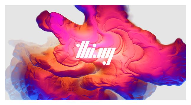 An abstract colorful handdrawn form with gradient highly saturated margenta, orange,blue gradient and thi.ng logo overlay. The drawn stroke/curve itself has been deformed by a super basic fluid simulation