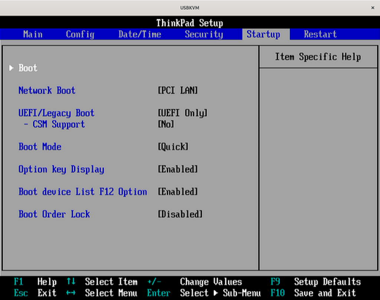 ThinkPad UEFI setup startup page in the USBKVM window.