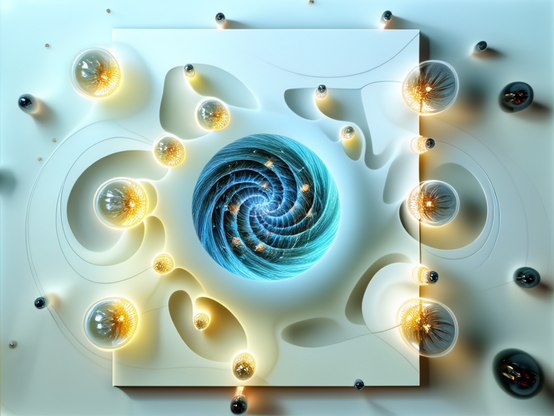 Bubble universes coming into existence, clear orbs with fractal inclusions, with a vortex at the center possibly generating them.