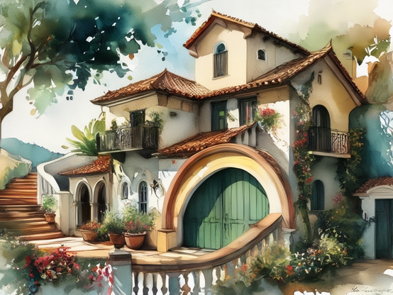House built into a hill with an arched entry, terracotta roof, and blooming vines. Watercolor style.