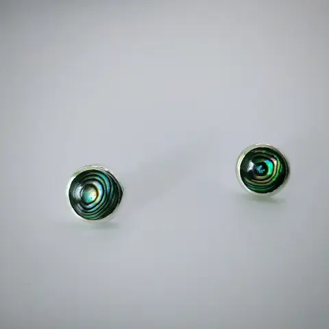 a pair of round stud earrings. they are silver and has a round iridescent green stone