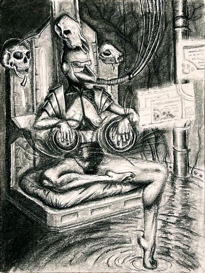 Science fiction charcoal drawing of a -woman. She's sitting on a levitating throne, over some water, wearing a helmet with cables and wires coming out of it. She's looking at floating screens while holding two orbs in her hand. There are skulls as ornamentation for the throne.