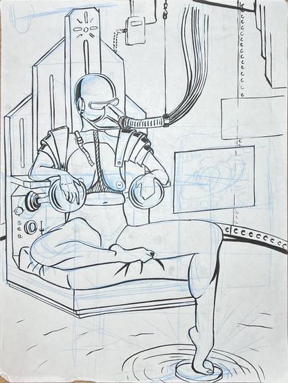 The same drawing but inked, looking more like something from a comic book.