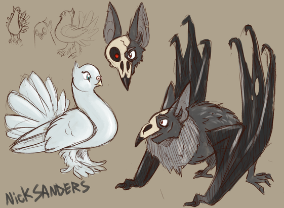 An illustration of Christine and the Phantom from Phantom of the Opera as a fan tailed dove and a large bat wearing a crow skull as a mask.