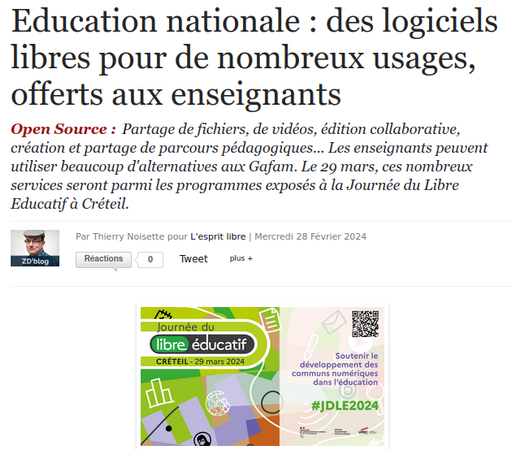 Education nationale : des logiciels libres pour de nombreux usages, offerts aux enseignants

Open Source : Partage de fichiers, de vidéos, édition collaborative, création et partage de parcours pédagogiques... Les enseignants peuvent utiliser beaucoup d'alternatives aux Gafam. Le 29 mars, ces nombreux services seront parmi les programmes exposés à la Journée du Libre Educatif à Créteil.

Ministero dell'istruzione (E.N.): dei software liberi per diversi usi, a disposizione degli insegnanti.
Open Source: condivisione di file e video, editing collaborativo, creazione e condivisione di percorsi didattici... Gli insegnanti possono utilizzare molte alternative ai Gafam. Il 29 marzo, questi numerosi servizi saranno tra i programmi presentati alla Journée du Libre Educatif di Créteil.