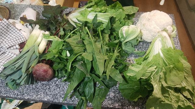 Contenido de la cesta de la semana con puerros, remolacha, un montón de espinacas, coles chinas y coliflores.