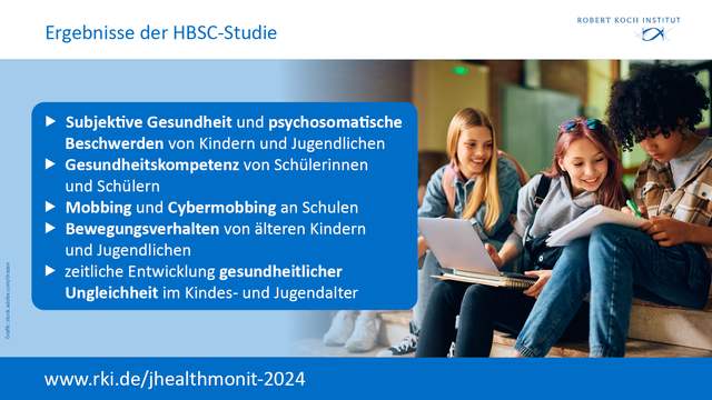Die Grafik zur Ausgabe 1/2024 des Journal of Health Monitoring zeigt ein Foto mit Jugendlichen, dazu folgenden Text: Ergebnisse der HBSC-Studie: Subjektive Gesundheit und psychosomatische Beschwerden von Kindern und Jugendlichen, Gesundheitskompetenz von Schülerinnen und Schülern, Mobbing und Cybermobbing an Schulen, Bewegungsverhalten von älteren Kindern und Jugendlichen, zeitliche Entwicklung gesundheitlicher Ungleichheit im Kindes- und Jugendalter.