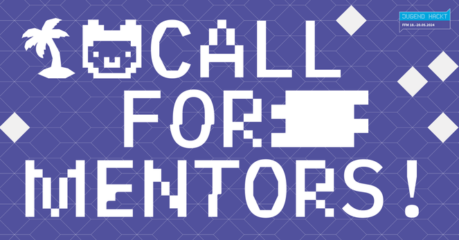 Weißer glitchy Text auf lila Hintergrund: CALL FOR MENTORS