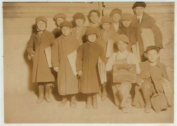 Lewis Hine (@LewisHine@mastodon.ozioso.online) 

  Smallest boy is Isidor Kline, 8 yrs. Old. Sells until 7 P.M. sometimes. On his right is Bennie Friedman, 7 yrs. old. Sells until 9 P.M., sometimes. Taken at 5:30 P.M. Location: Paterson, New Jersey. 

  The image appears to be a vintage black and white photograph. It features a group of individuals, likely children given their size in the frame, posing for a picture outdoors. They are dressed in attire that suggests an earlier time period, possibly from the early 20th century. Some of the children are holding items such as books and a musical instrument, which might indicate they were involved in some form of educational or cultural activity.

The text on the image provides information about the people in the photograph: "Smallest boy is Isidor Kline, 8 yrs. old. Sells until 7 P.M., sometimes." This suggests that the smallest child's name is Isidor Kline and he works, presumably selling items, from 7 PM to sometime after 7 PM, potentially on weekends or other occasions.

"On his right is Bennie Friedman, 7 yrs. old. Sells until 9 P.M., sometimes." This indicates that the child identified as Bennie Friedman, who is slightly taller than Isidor Kline, also sells items, but only until 9 PM and does so less frequently than Isidor.

The photo was taken at "5:30 P.M." The set [...] 

 #IsidorKline #BennieFriedman #Isidor #Paterson #NewJersey #American  

 https://www.loc.gov/pictures/item/2018677418/