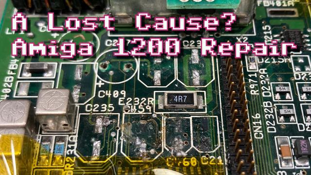 Thumbnail for my video. It shows a closeup of a section of an Amiga 1200 board with the electrolytic capacitors removed. There are lots of missing pads and broken traces. The text reads "A Lost Cause? Amiga 1200 Repair".