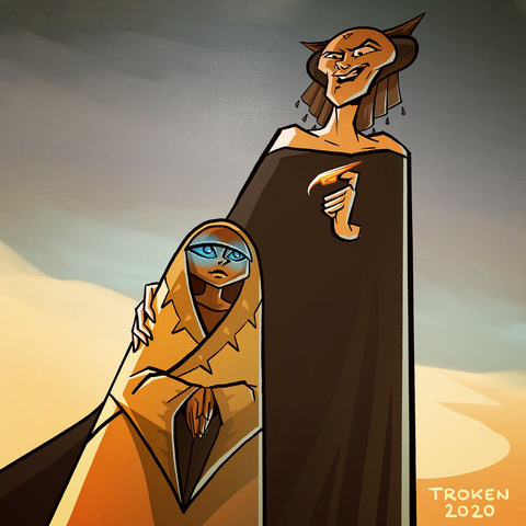 A dark dressed lady with an evil smile watching a blue eyed girl.