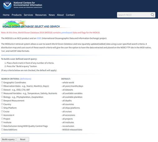 screen shot - world ocean database - select and search data page