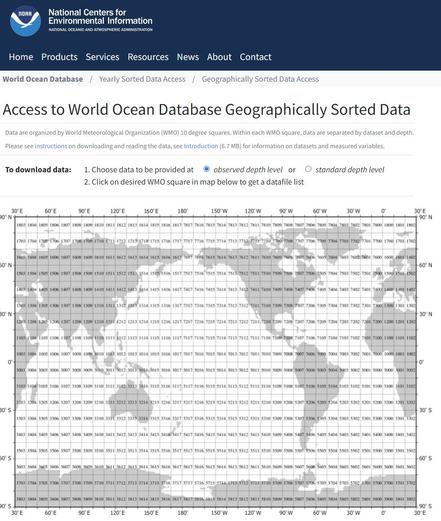 screen shot - world ocean database - page for access to world ocean database geographically sorted data