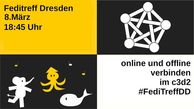 Sharepic in weiß, gelb und schwarz mit den grundlegenden Informationen aus dem Text, dem Fediverse Logo und verschiedenen Fediverse-Maskottchen, die gemeinsam tanzen.
